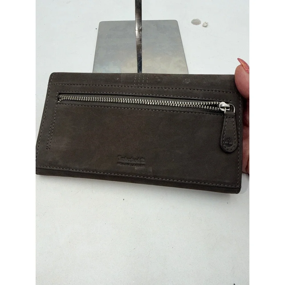 Timberland Womens Genuine Leather Trifold Clutch Wallet Gray Tree Logo Emblem